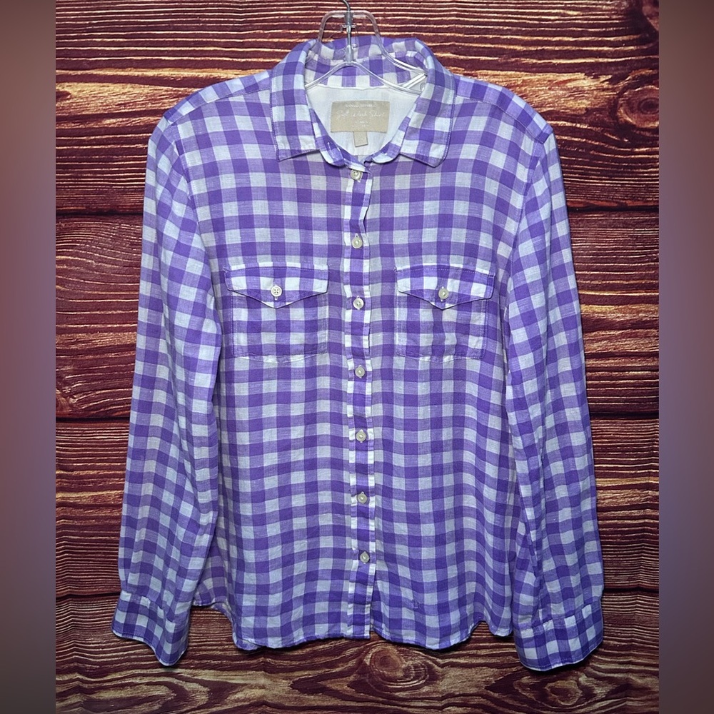 Women’s Banana Republic Purple Gingham Button-Up Shirt Linen Blend